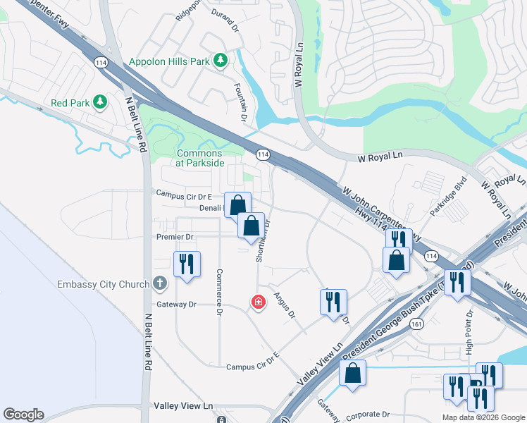 map of restaurants, bars, coffee shops, grocery stores, and more near 6501 Shorthorn Drive in Irving