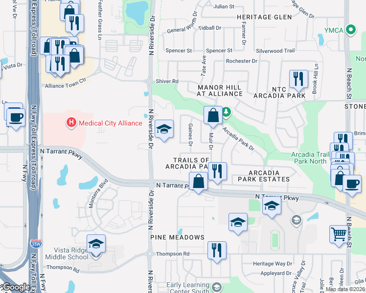 map of restaurants, bars, coffee shops, grocery stores, and more near 3824 Carlsbad Way in Fort Worth