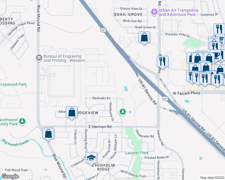 map of restaurants, bars, coffee shops, grocery stores, and more near 1413 Realoaks Drive in Fort Worth