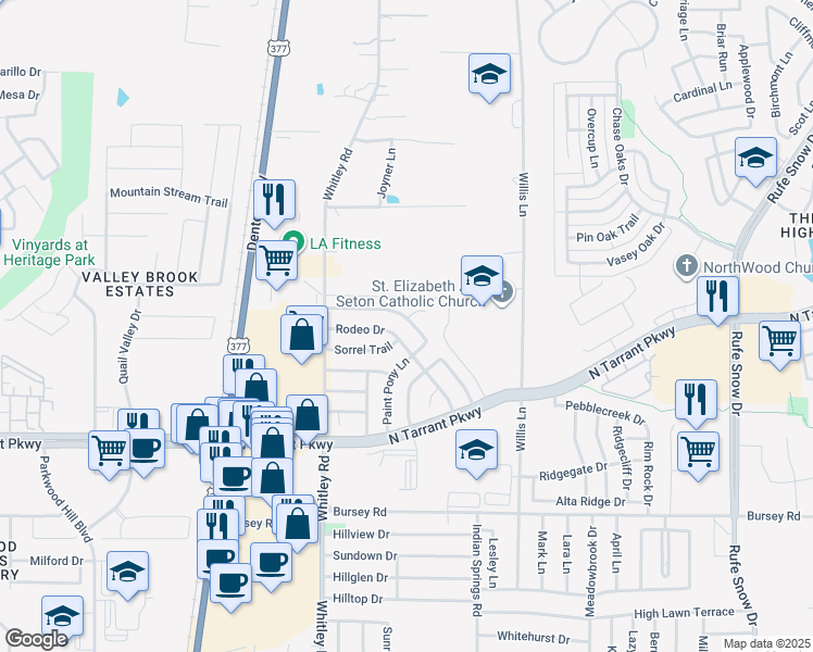 map of restaurants, bars, coffee shops, grocery stores, and more near 242 Stallion Drive in Keller