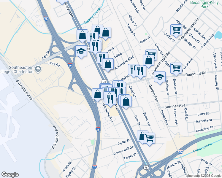 map of restaurants, bars, coffee shops, grocery stores, and more near Rivers Ave & Remount Rd in North Charleston