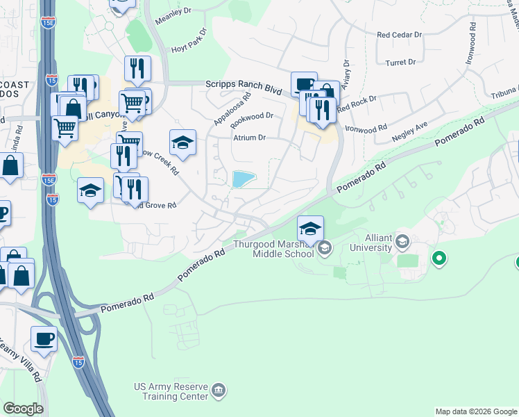 map of restaurants, bars, coffee shops, grocery stores, and more near 10373 Caminito Banyon in San Diego