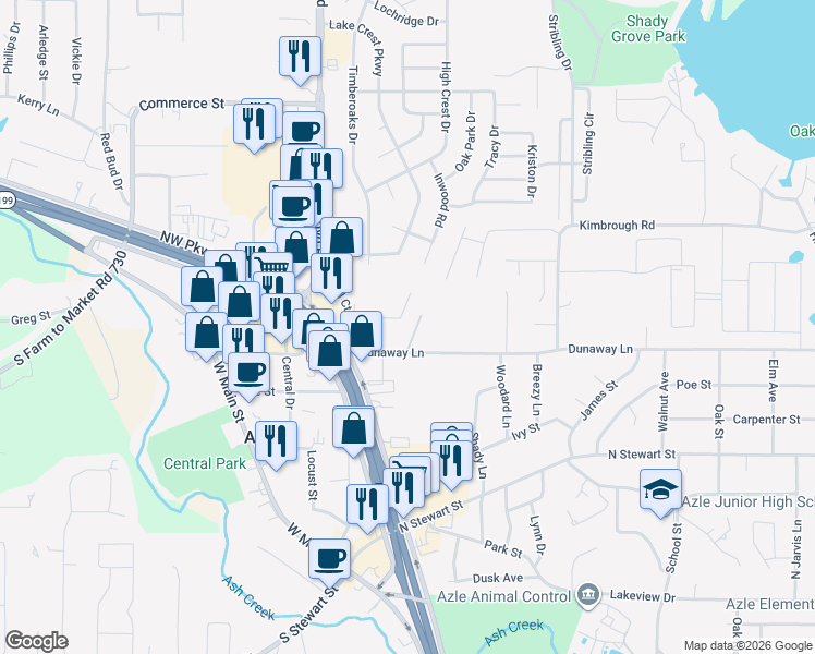 map of restaurants, bars, coffee shops, grocery stores, and more near 421 Inwood Road in Azle