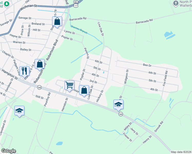 map of restaurants, bars, coffee shops, grocery stores, and more near 507 Live Oak Street in Walterboro