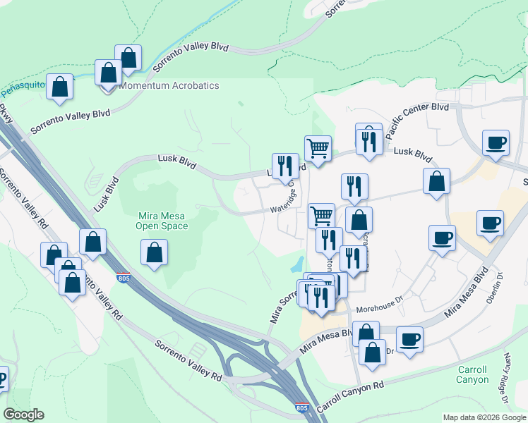 map of restaurants, bars, coffee shops, grocery stores, and more near Wateridge Circle & Wateridge Vista Drive in San Diego