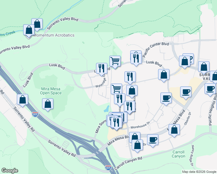 map of restaurants, bars, coffee shops, grocery stores, and more near 10230 Wateridge Circle in San Diego
