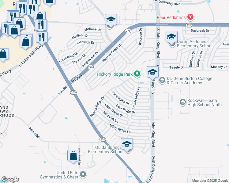 map of restaurants, bars, coffee shops, grocery stores, and more near 2812 Tangleglen Drive in Rockwall