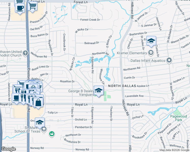 map of restaurants, bars, coffee shops, grocery stores, and more near 11123 Westmere Circle in Dallas