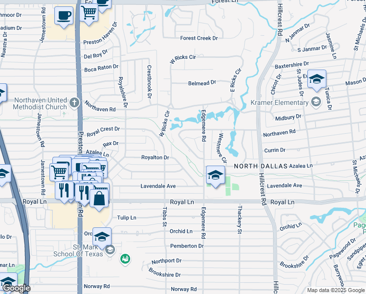 map of restaurants, bars, coffee shops, grocery stores, and more near 11110 Lawnhaven Road in Dallas