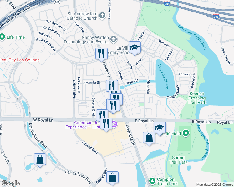 map of restaurants, bars, coffee shops, grocery stores, and more near 6719 Gran Via in Irving
