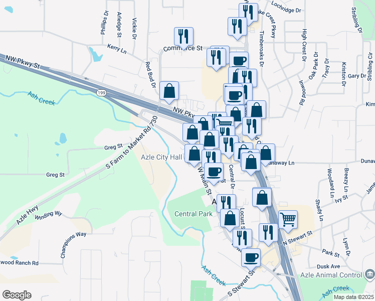map of restaurants, bars, coffee shops, grocery stores, and more near 514 West Main Street in Azle