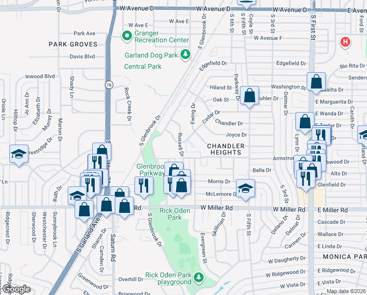 map of restaurants, bars, coffee shops, grocery stores, and more near 1522 Russell Drive in Garland