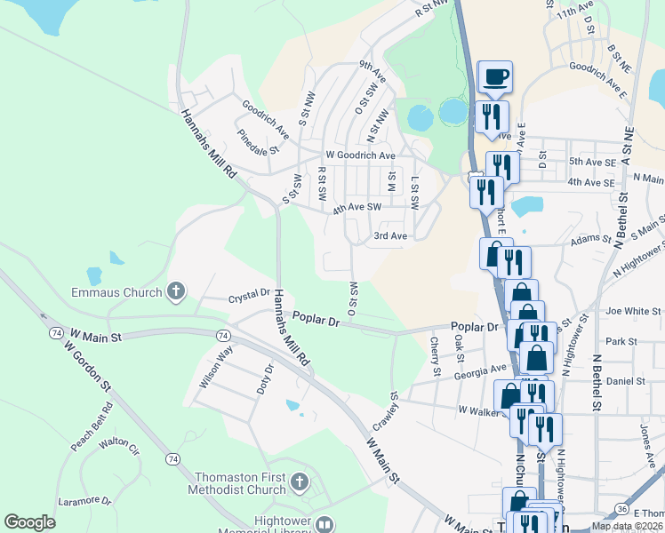 map of restaurants, bars, coffee shops, grocery stores, and more near 137 Summer Trace in Thomaston
