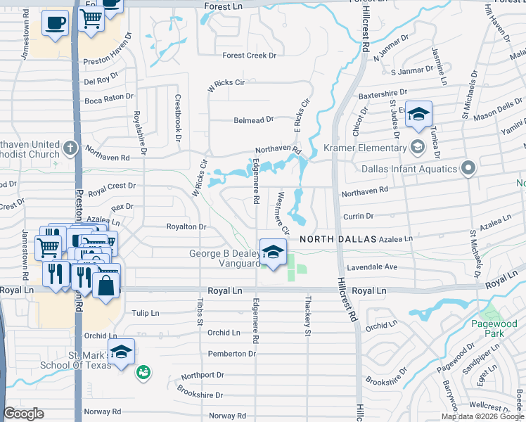 map of restaurants, bars, coffee shops, grocery stores, and more near 11123 Westmere Circle in Dallas