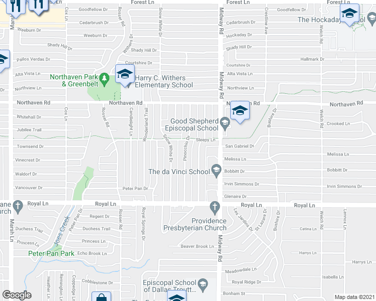 map of restaurants, bars, coffee shops, grocery stores, and more near 11024 Pinocchio Drive in Dallas