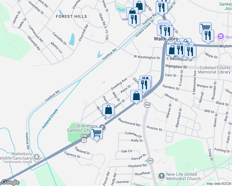 map of restaurants, bars, coffee shops, grocery stores, and more near 309 Varn Street in Walterboro