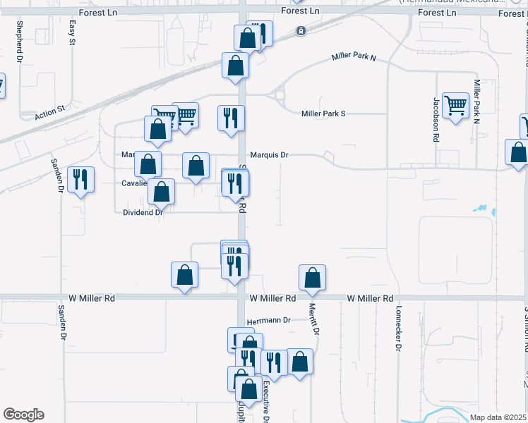 map of restaurants, bars, coffee shops, grocery stores, and more near 1600 South Jupiter Road in Garland