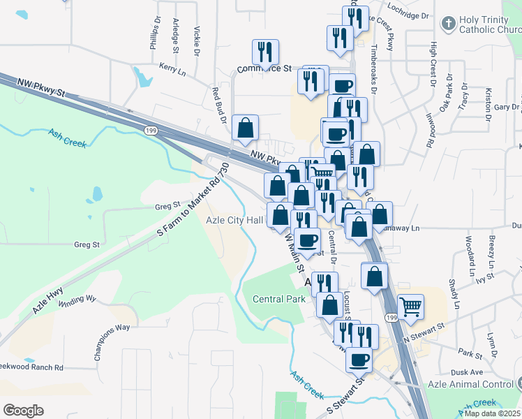 map of restaurants, bars, coffee shops, grocery stores, and more near 527 West Main Street in Azle