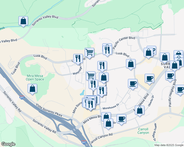 map of restaurants, bars, coffee shops, grocery stores, and more near 9868 Scranton Road in San Diego