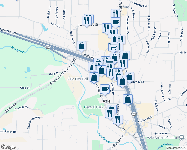 map of restaurants, bars, coffee shops, grocery stores, and more near 514 West Main Street in Azle