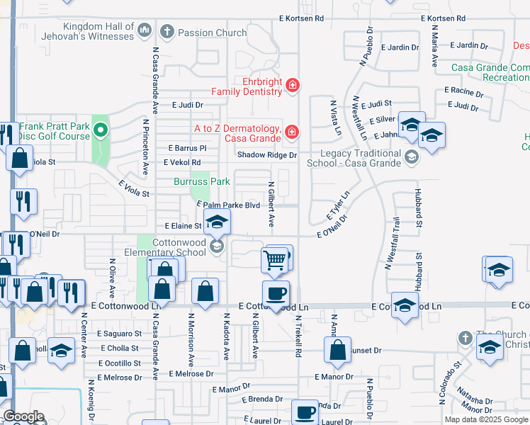map of restaurants, bars, coffee shops, grocery stores, and more near 851 East Palm Park Boulevard in Casa Grande
