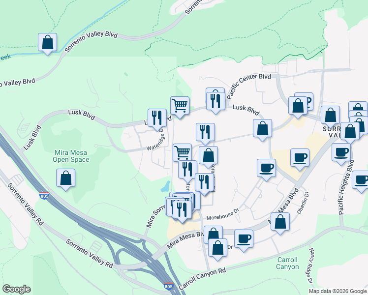 map of restaurants, bars, coffee shops, grocery stores, and more near 9940 Barnes Canyon Road in San Diego