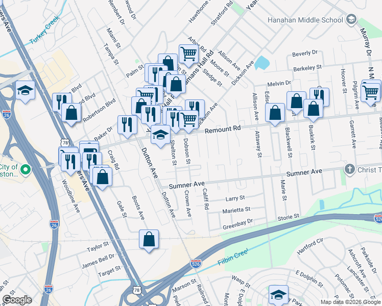 map of restaurants, bars, coffee shops, grocery stores, and more near 5640 Dobson Street in North Charleston
