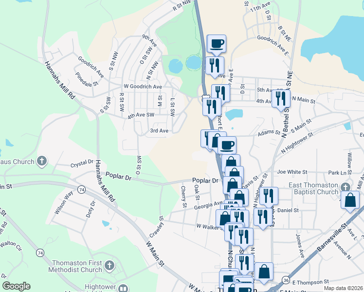 map of restaurants, bars, coffee shops, grocery stores, and more near 220 L Street Southwest in Thomaston