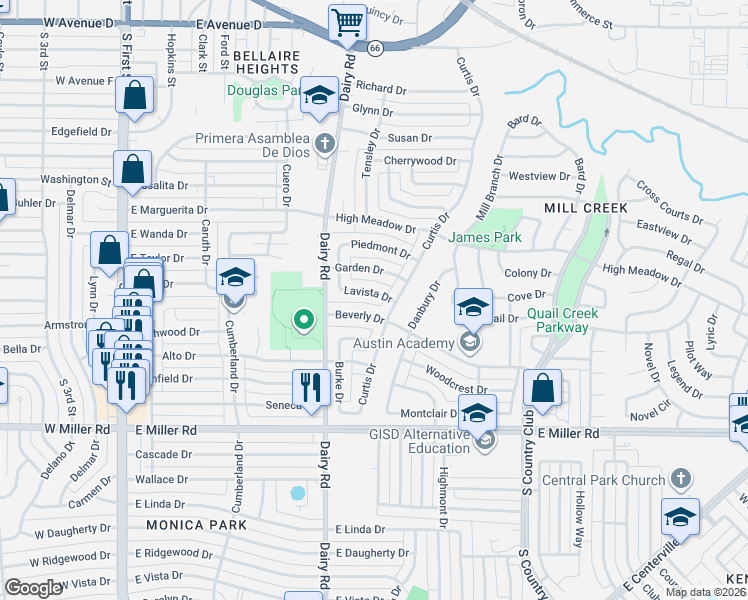 map of restaurants, bars, coffee shops, grocery stores, and more near 922 Garden Drive in Garland