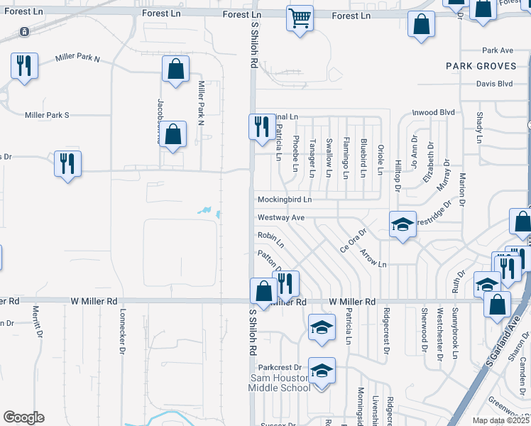 map of restaurants, bars, coffee shops, grocery stores, and more near 2414 Mockingbird Lane in Garland