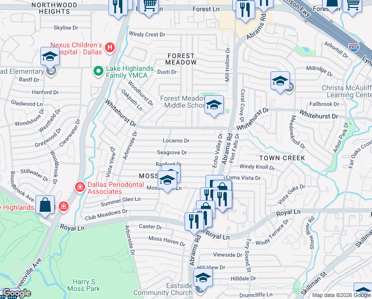 map of restaurants, bars, coffee shops, grocery stores, and more near 9230 Locarno Drive in Dallas