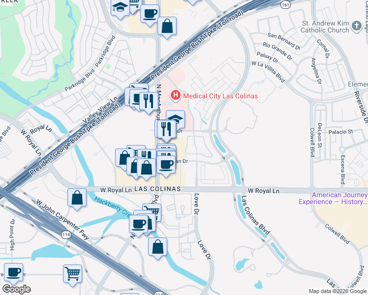 map of restaurants, bars, coffee shops, grocery stores, and more near 700 Fluor in Irving
