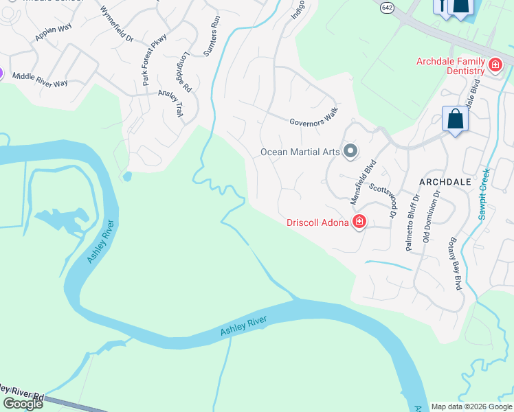 map of restaurants, bars, coffee shops, grocery stores, and more near 8278 Wild Indigo Bluff in North Charleston