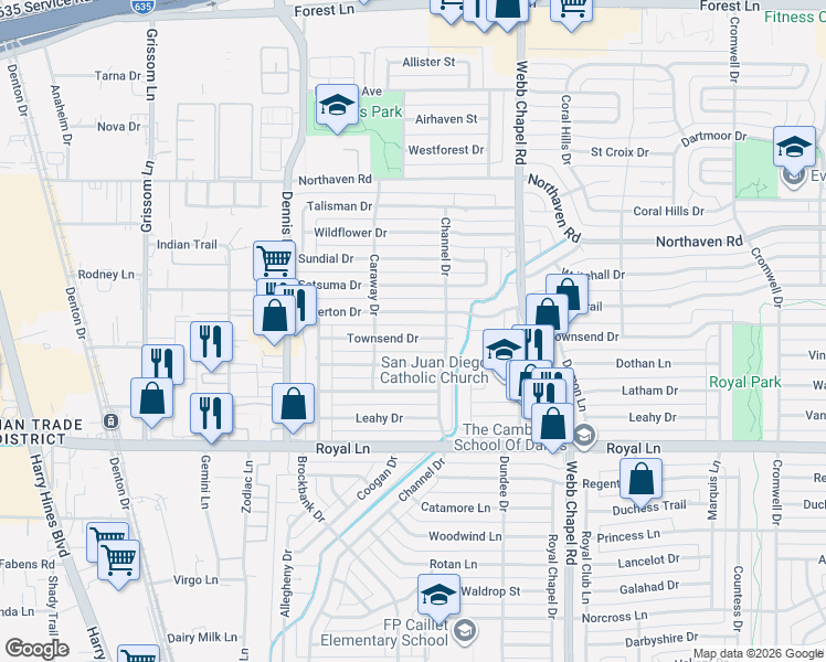 map of restaurants, bars, coffee shops, grocery stores, and more near 3035 Townsend Drive in Dallas