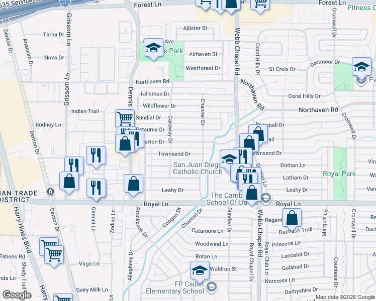 map of restaurants, bars, coffee shops, grocery stores, and more near 3035 Townsend Drive in Dallas