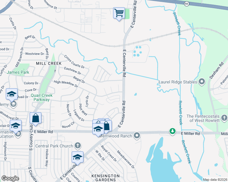 map of restaurants, bars, coffee shops, grocery stores, and more near 2301 East Centerville Road in Garland