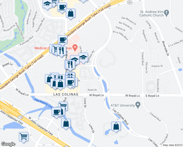 map of restaurants, bars, coffee shops, grocery stores, and more near 542 Via Amalfi in Irving