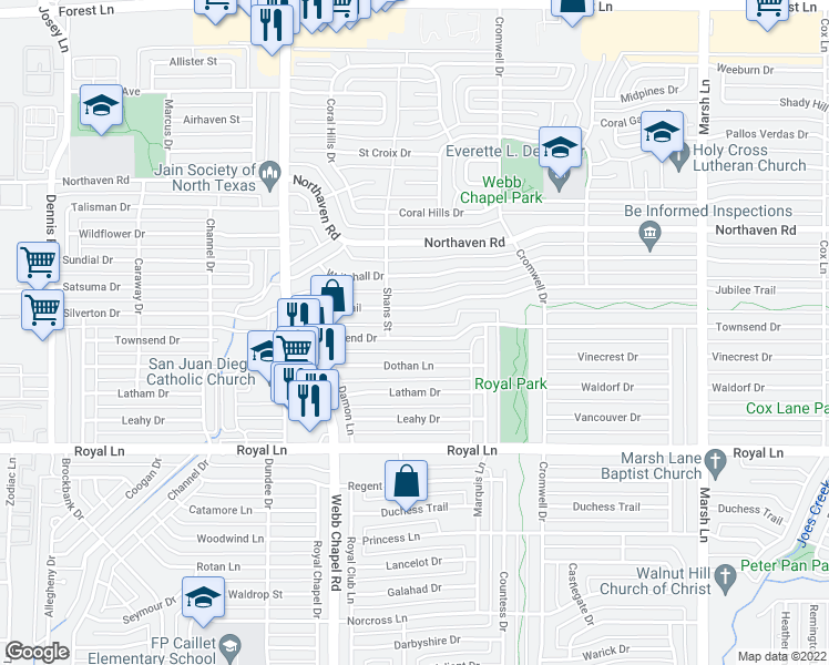 map of restaurants, bars, coffee shops, grocery stores, and more near 3323 Townsend Drive in Dallas
