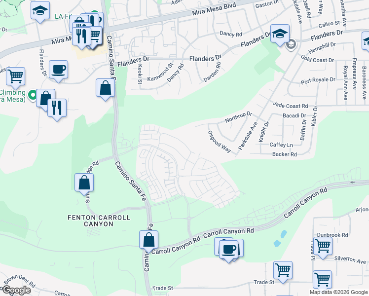 map of restaurants, bars, coffee shops, grocery stores, and more near 7403 Northrup Drive in San Diego
