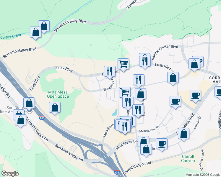 map of restaurants, bars, coffee shops, grocery stores, and more near 10210 Wateridge Circle in San Diego