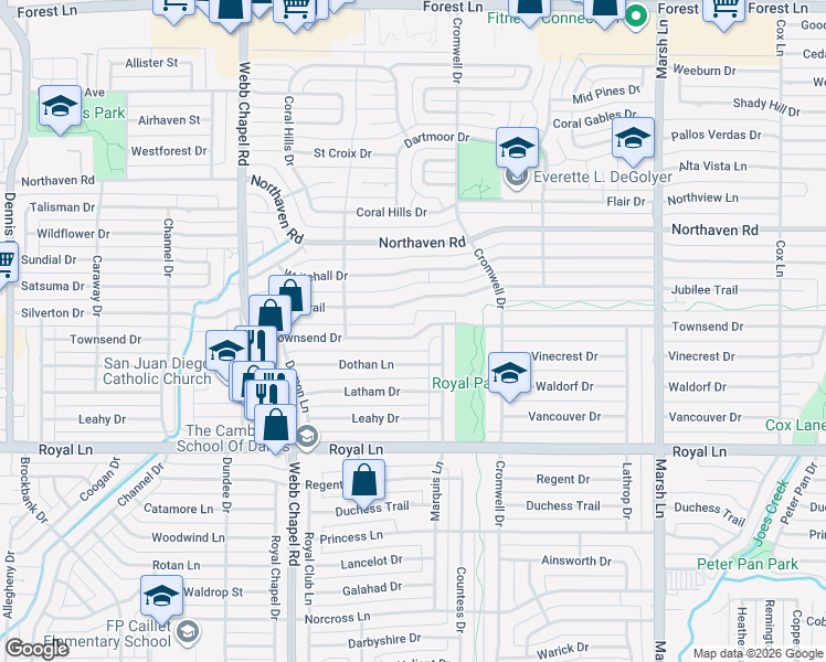 map of restaurants, bars, coffee shops, grocery stores, and more near 3373 Townsend Drive in Dallas