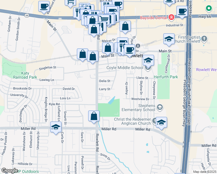 map of restaurants, bars, coffee shops, grocery stores, and more near 3602 Delia Street in Rowlett