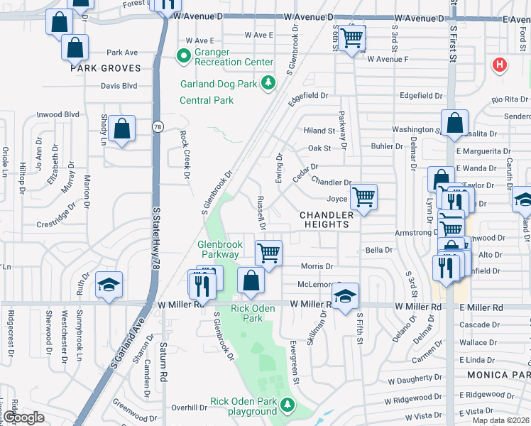 map of restaurants, bars, coffee shops, grocery stores, and more near 1522 Russell Drive in Garland