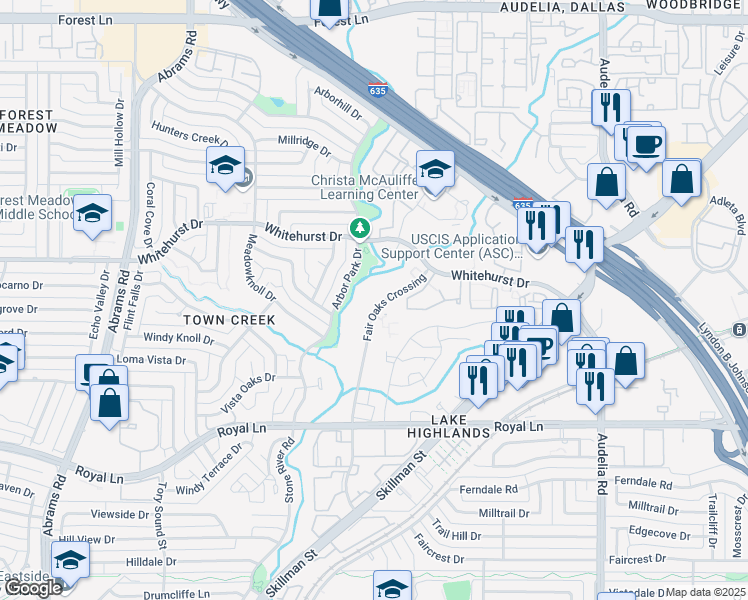 map of restaurants, bars, coffee shops, grocery stores, and more near 8849 Fair Oaks Crossing in Dallas