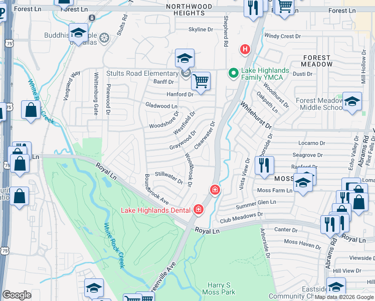 map of restaurants, bars, coffee shops, grocery stores, and more near 9025 Clearwater Drive in Dallas