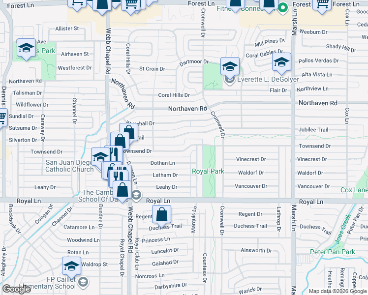 map of restaurants, bars, coffee shops, grocery stores, and more near 3373 Townsend Drive in Dallas