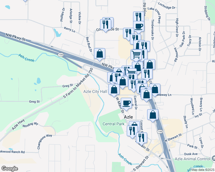 map of restaurants, bars, coffee shops, grocery stores, and more near 527 West Main Street in Azle