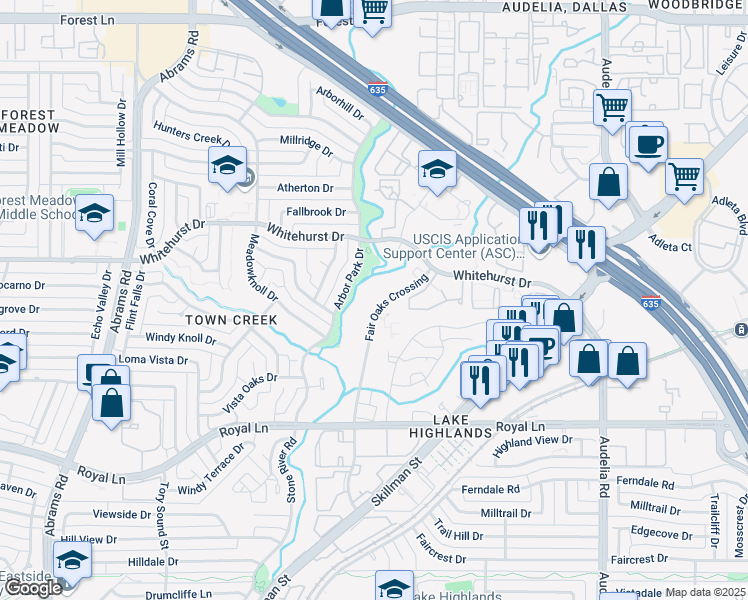 map of restaurants, bars, coffee shops, grocery stores, and more near 8849 Fair Oaks Crossing in Dallas