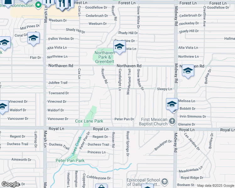 map of restaurants, bars, coffee shops, grocery stores, and more near 11047 Candlelight Lane in Dallas