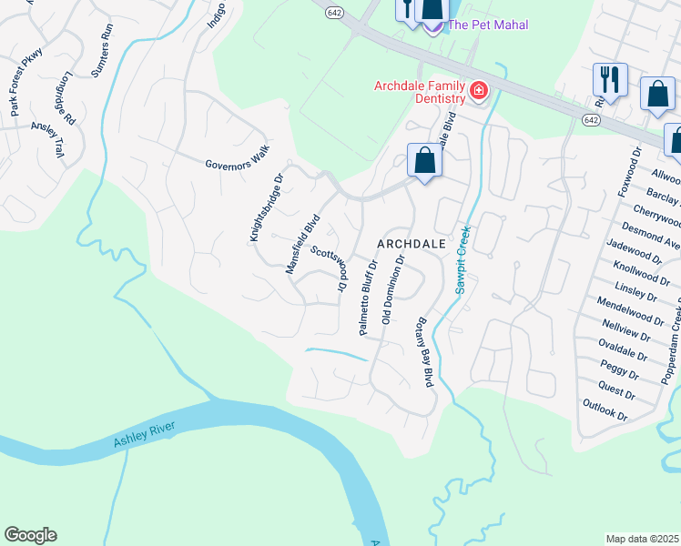 map of restaurants, bars, coffee shops, grocery stores, and more near 118 Scottswood Drive in North Charleston
